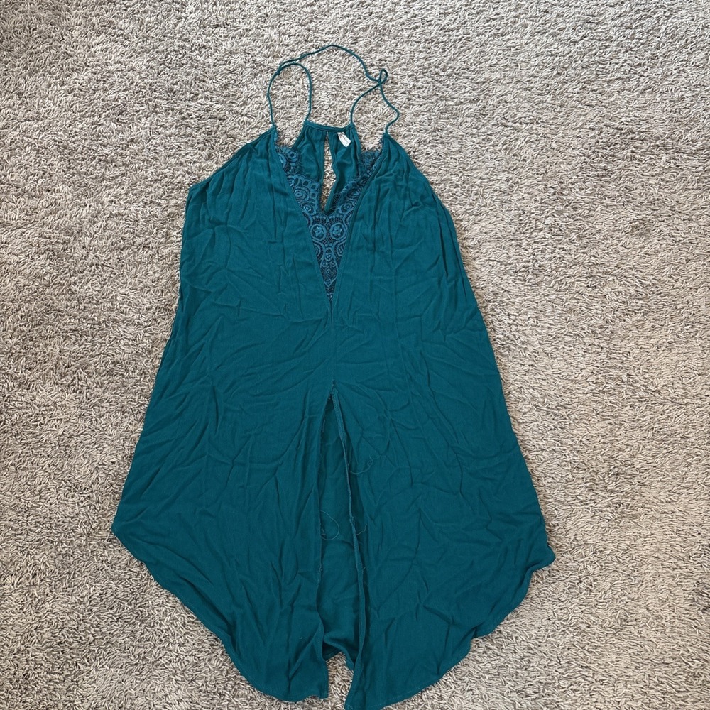 Free People Womens Small‎ S Slip Dress Teal Green Small V Neck Cutout Boho